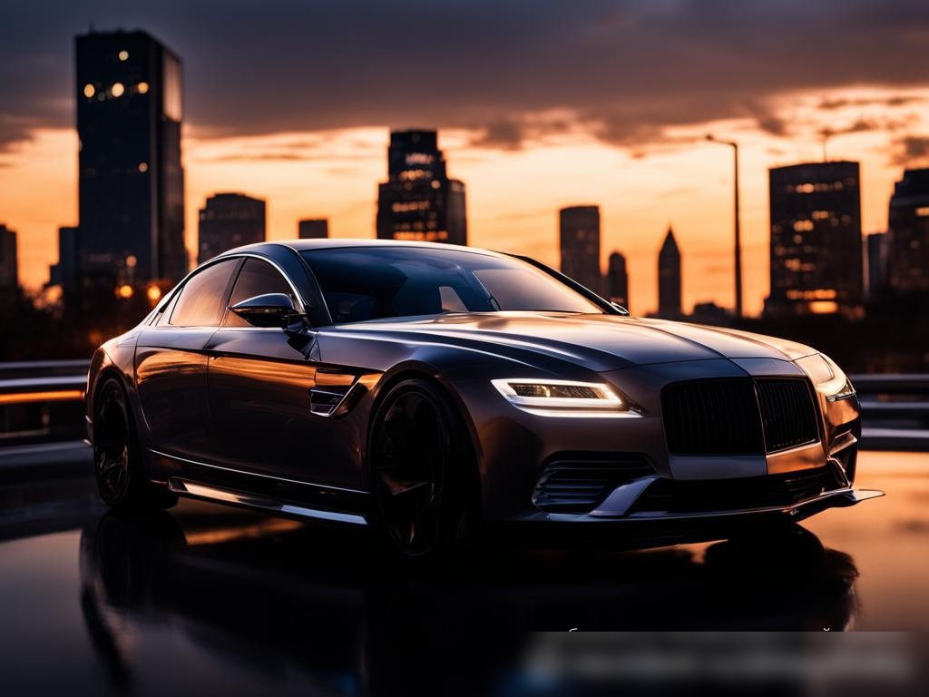 Роскошный автомобиль с бронированными стеклами, движущийся по городскому пейзажу на закате - Пример 4