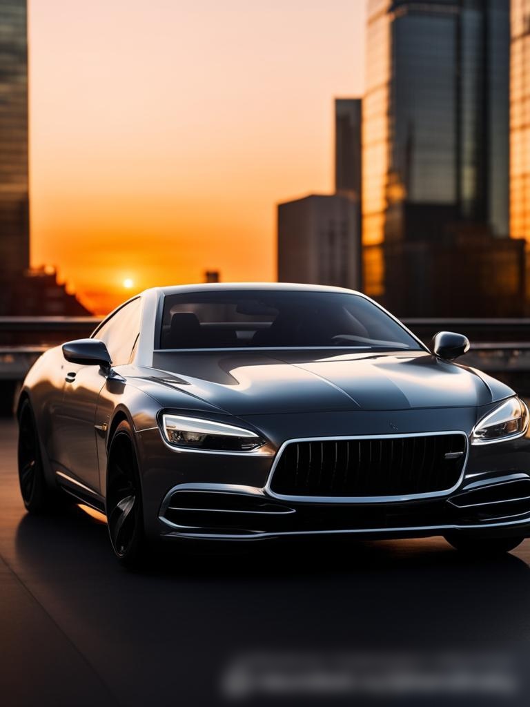 Роскошный автомобиль с бронированными стеклами, движущийся по городскому пейзажу на закате - Пример 5