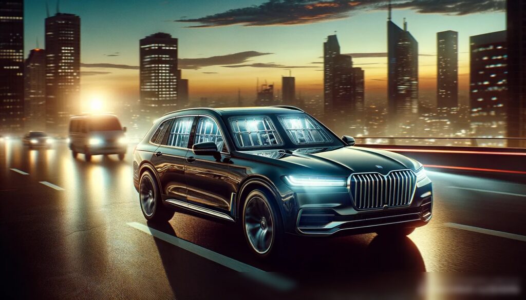 Роскошный автомобиль с бронированными стеклами, движущийся по городскому пейзажу на закате - Пример 1