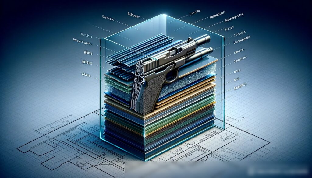 Детализированный разрез бронированного стекла, показывающий его многослойную структуру - Пример 2