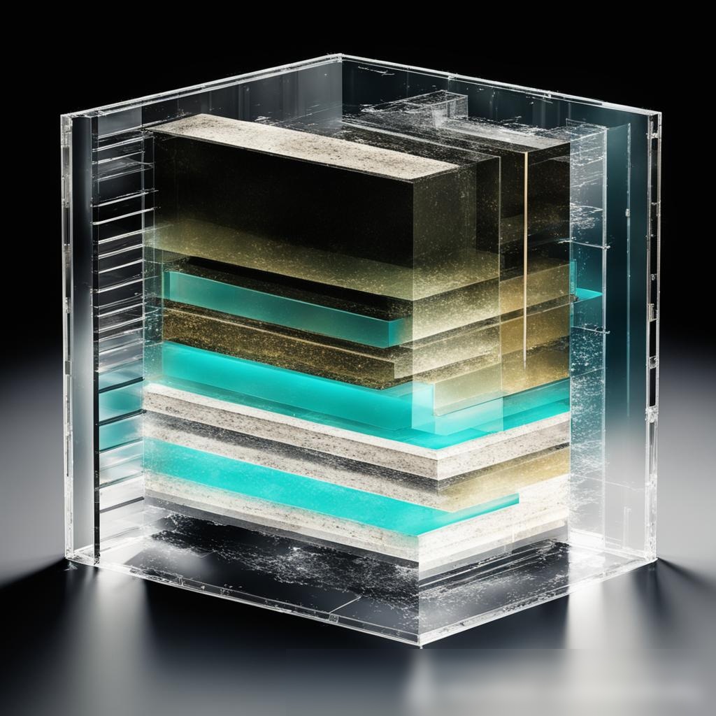 Детализированный разрез бронированного стекла, показывающий его многослойную структуру - Пример 3