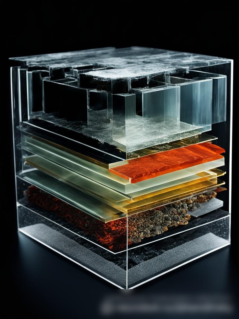 Детализированный разрез бронированного стекла, показывающий его многослойную структуру - Пример 5