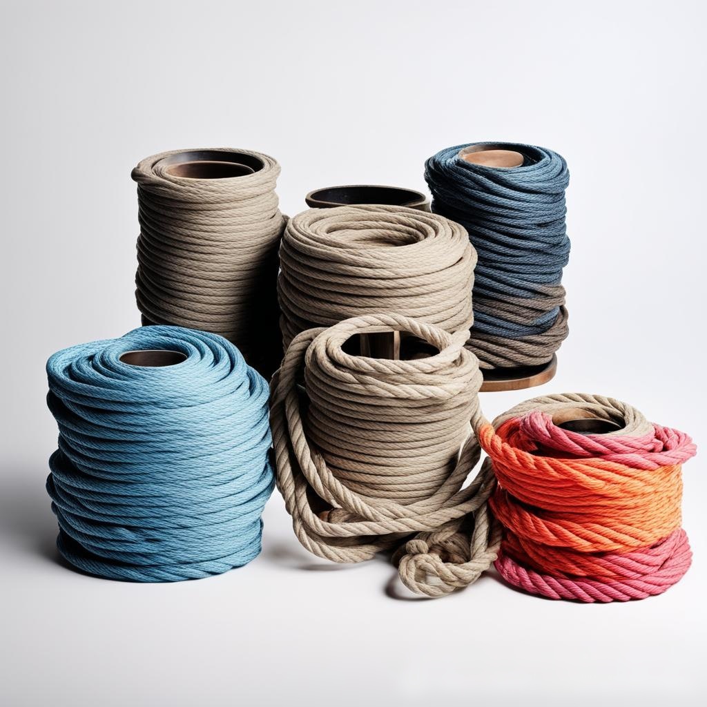 Массив различных типов канатов и тросов, выложенных на чистом белом фоне, каждый из которых аккуратно свёрнут в идеальный круг - Пример 3