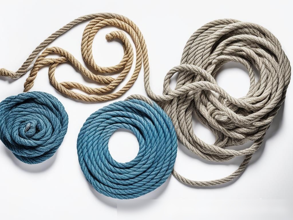 Массив различных типов канатов и тросов, выложенных на чистом белом фоне, каждый из которых аккуратно свёрнут в идеальный круг - Пример 4