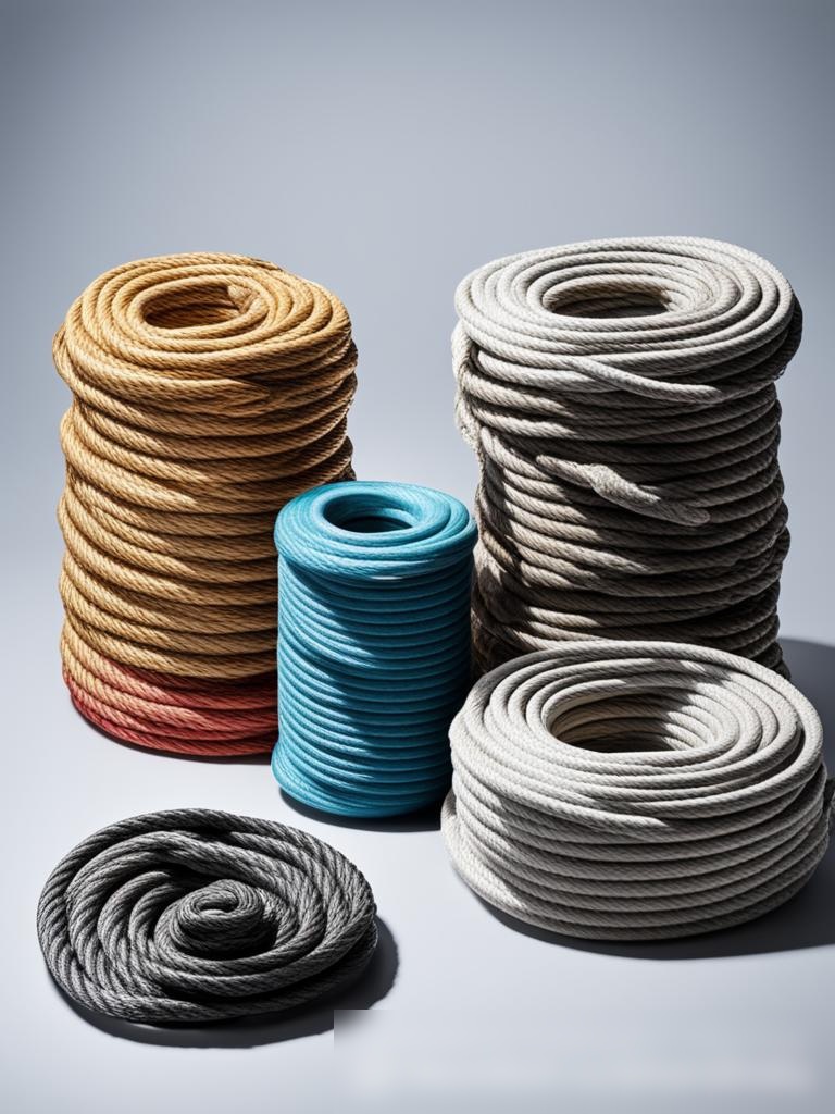 Массив различных типов канатов и тросов, выложенных на чистом белом фоне, каждый из которых аккуратно свёрнут в идеальный круг - Пример 5
