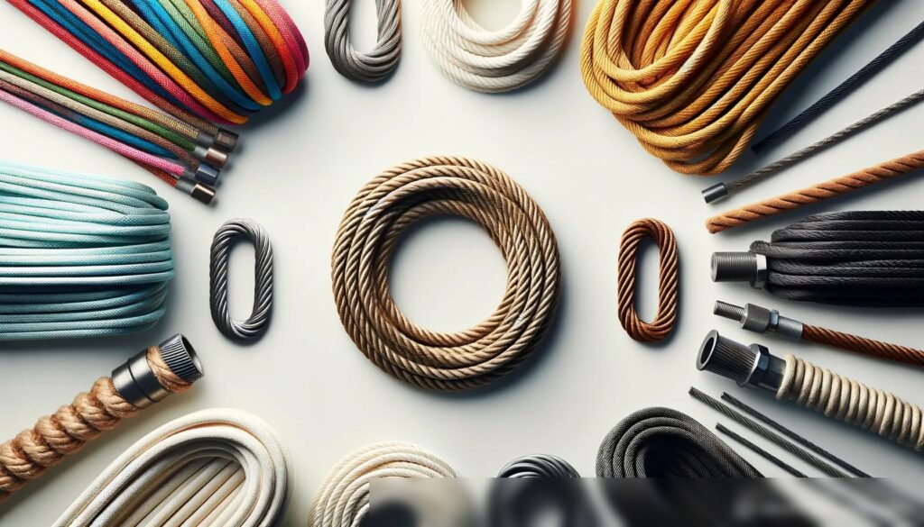 Массив различных типов канатов и тросов, выложенных на чистом белом фоне, каждый из которых аккуратно свёрнут в идеальный круг - Пример 1