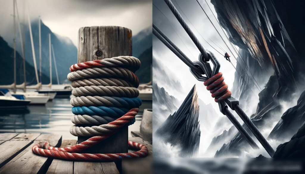 Динамичное изображение, показывающее канаты и тросы в различных сценариях использования: на причале, в горах и в промышленной среде - Пример 1