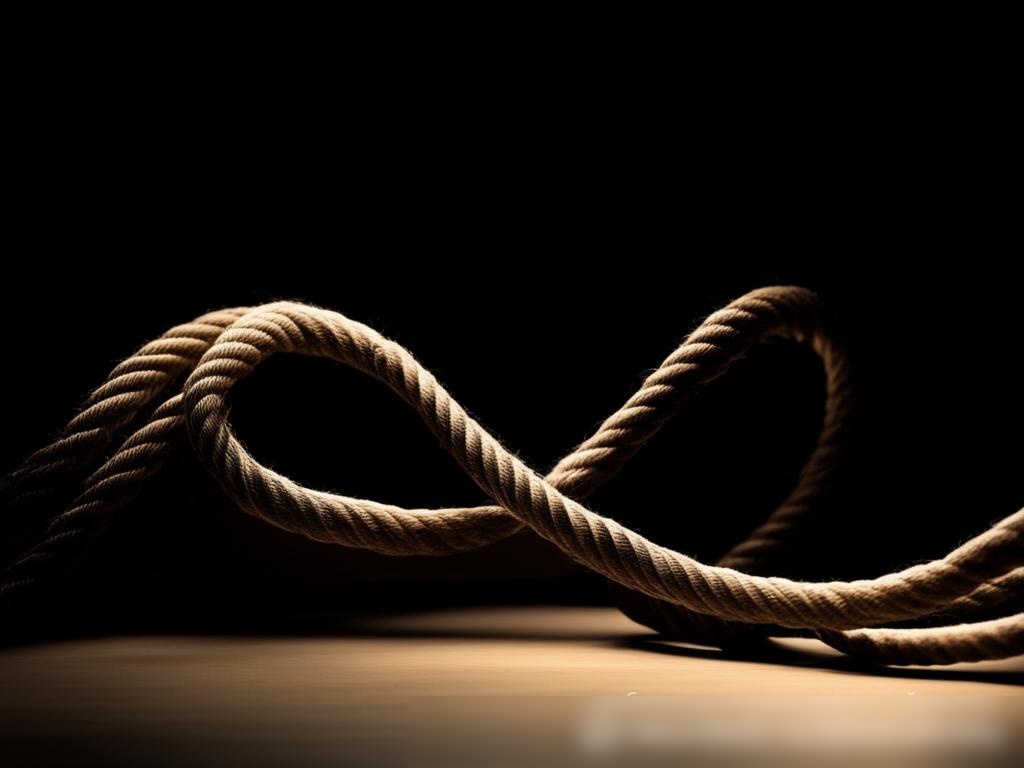 Изображение минималистичного, элегантного каната из натуральных волокон на тёмном фоне с драматичным освещением - Пример 4
