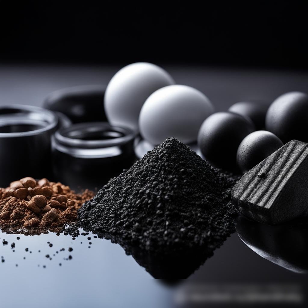 Крупным планом различные формы технических углеродов, включая графит, угольную сажу и активированный уголь, художественно размещенные на гладкой отражающей поверхности - Пример 3