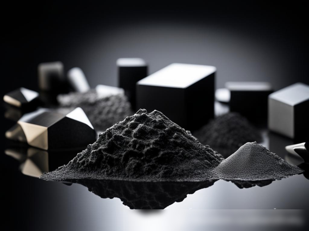 Крупным планом различные формы технических углеродов, включая графит, угольную сажу и активированный уголь, художественно размещенные на гладкой отражающей поверхности - Пример 4