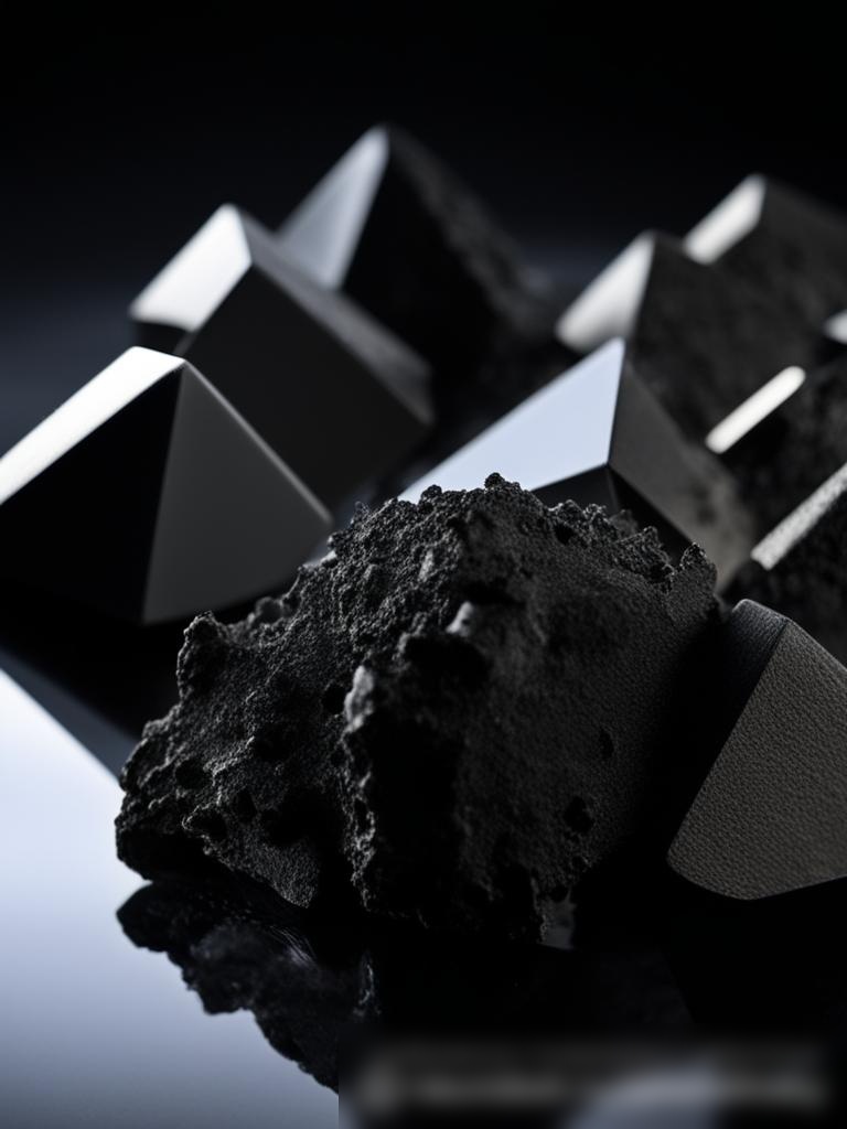 Крупным планом различные формы технических углеродов, включая графит, угольную сажу и активированный уголь, художественно размещенные на гладкой отражающей поверхности - Пример 5