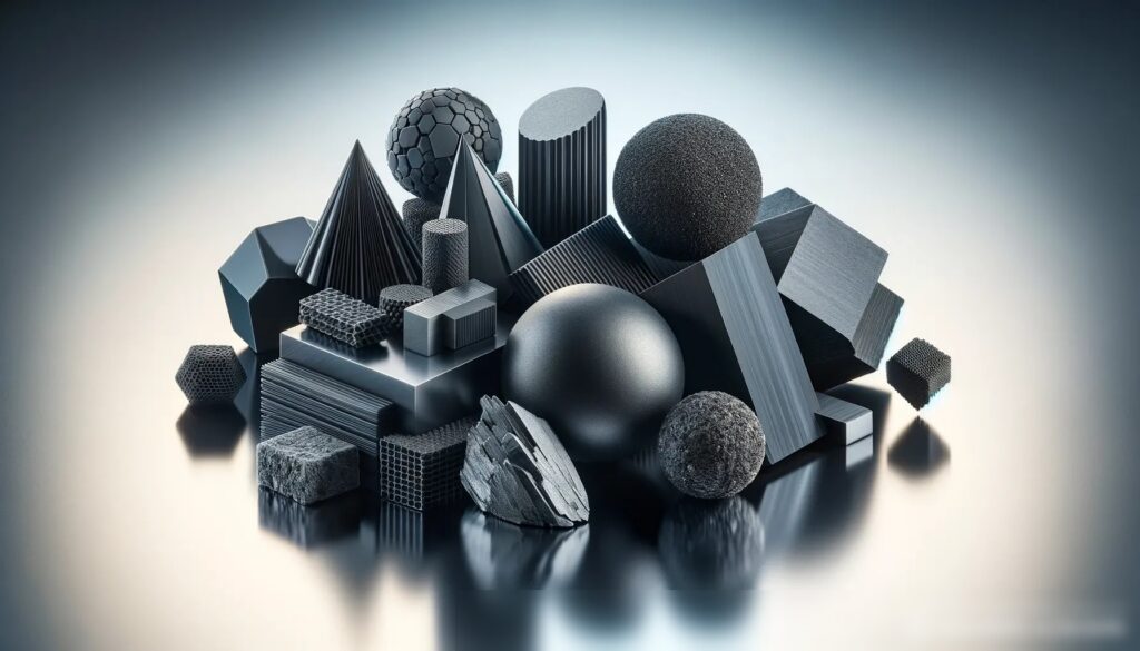 Крупным планом различные формы технических углеродов, включая графит, угольную сажу и активированный уголь, художественно размещенные на гладкой отражающей поверхности - Пример 1