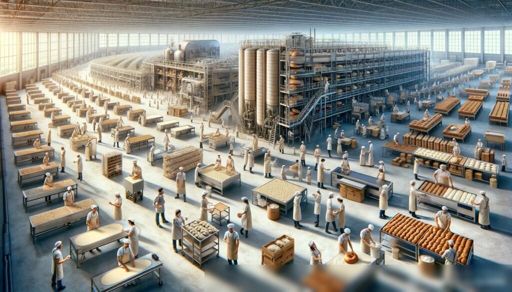 Панорамный вид на крупный хлебозавод с открытой планировкой и разнообразными работниками - Пример 2