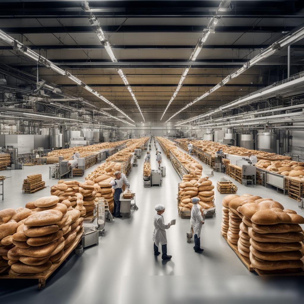 Панорамный вид на крупный хлебозавод с открытой планировкой и разнообразными работниками - Пример 3