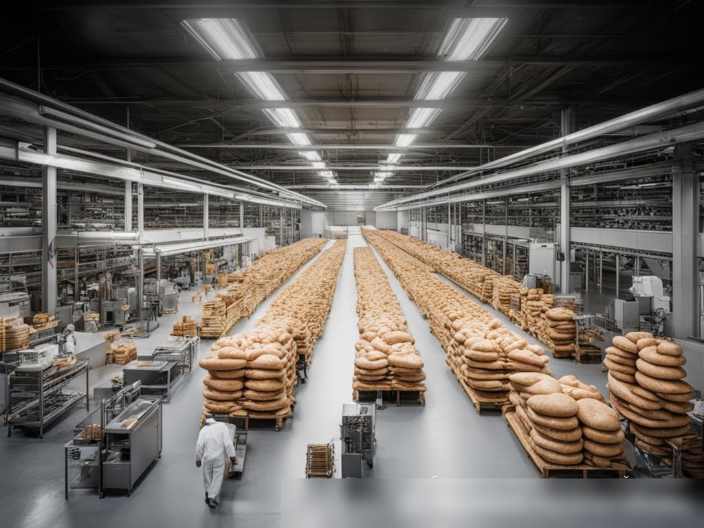 Панорамный вид на крупный хлебозавод с открытой планировкой и разнообразными работниками - Пример 4