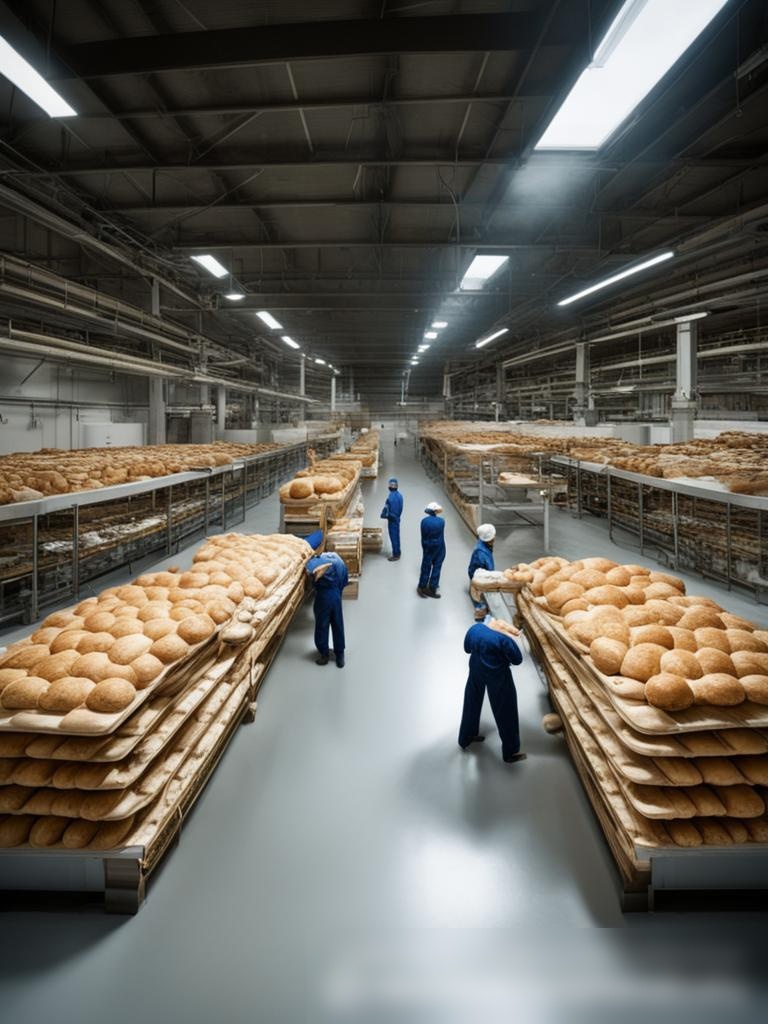 Панорамный вид на крупный хлебозавод с открытой планировкой и разнообразными работниками - Пример 5