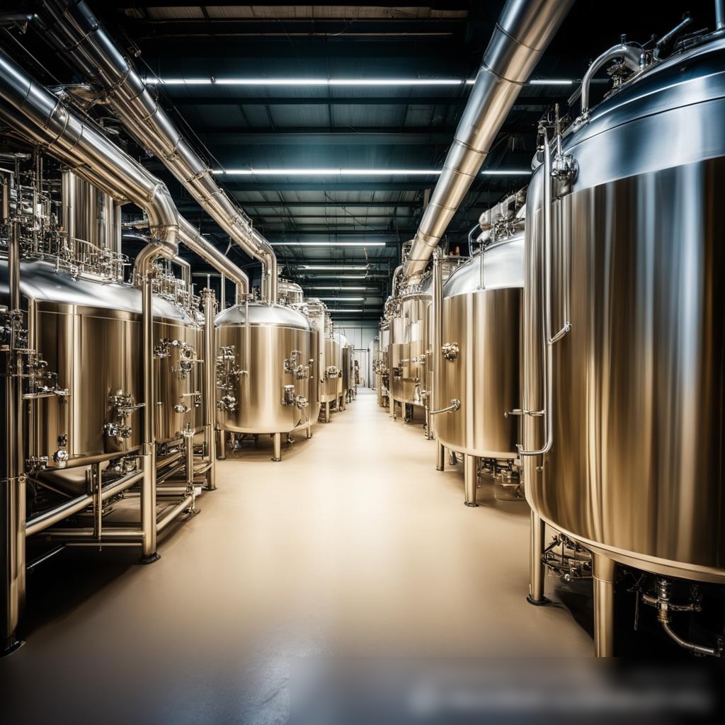 Интерьер современной пивоварни с нержавеющим оборудованием, большими бродильными цистернами, сложной трубопроводной системой и пультами управления - Пример 3