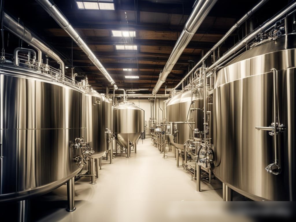 Интерьер современной пивоварни с нержавеющим оборудованием, большими бродильными цистернами, сложной трубопроводной системой и пультами управления - Пример 4