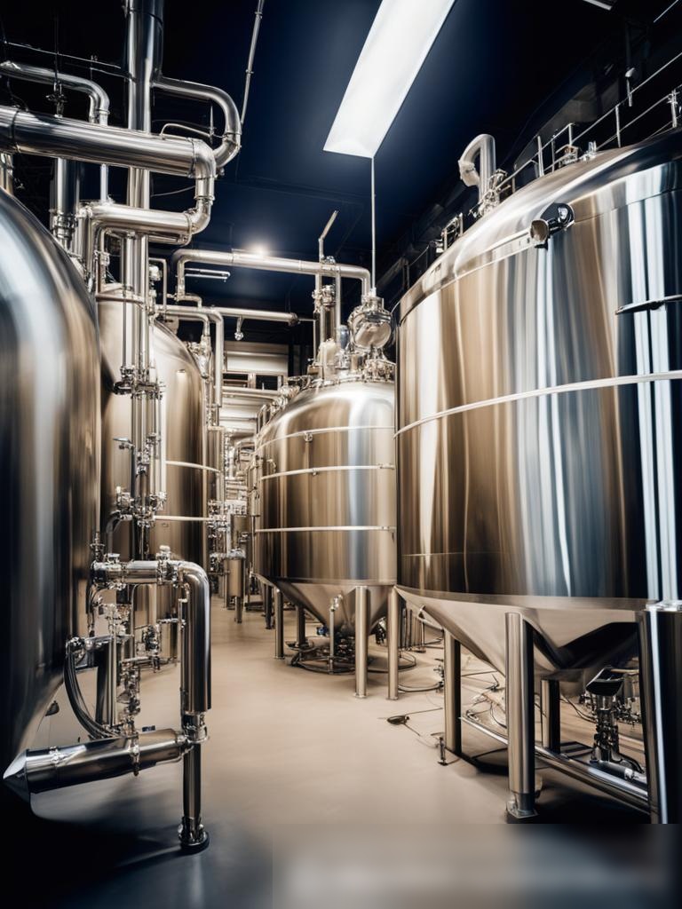 Интерьер современной пивоварни с нержавеющим оборудованием, большими бродильными цистернами, сложной трубопроводной системой и пультами управления - Пример 5