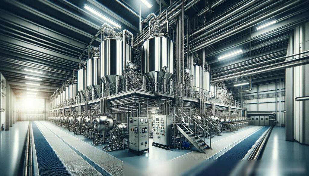 Интерьер современной пивоварни с нержавеющим оборудованием, большими бродильными цистернами, сложной трубопроводной системой и пультами управления - Пример 1