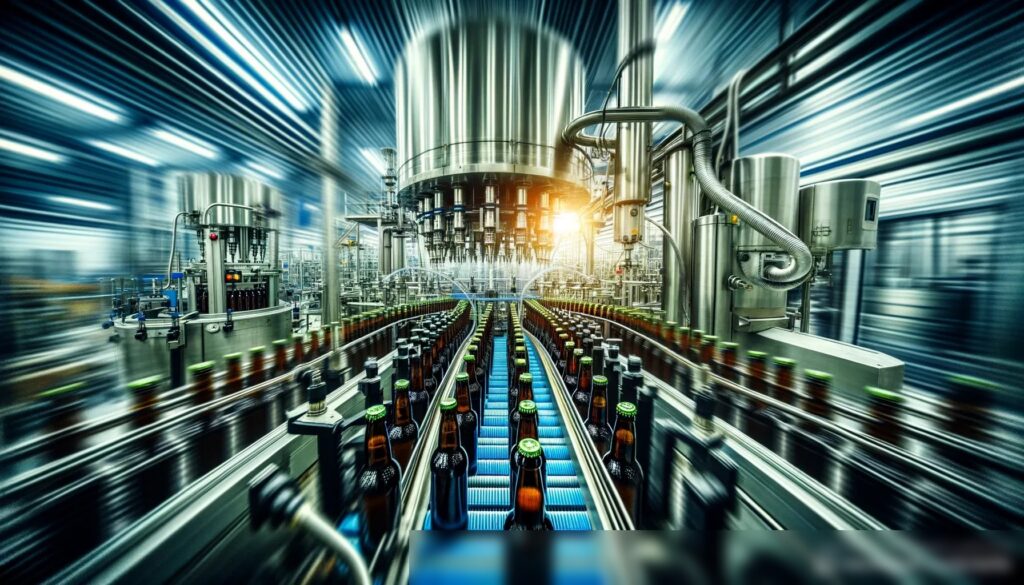 Динамичный вид на автоматизированную линию розлива в пивоварне, где бутылки наполняются, закрываются и маркируются - Пример 2