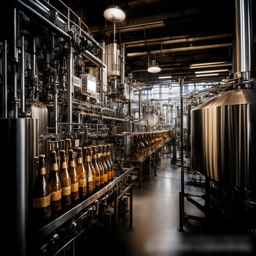 Динамичный вид на автоматизированную линию розлива в пивоварне, где бутылки наполняются, закрываются и маркируются - Пример 3