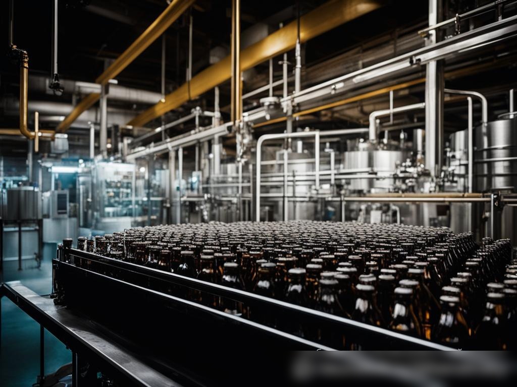 Динамичный вид на автоматизированную линию розлива в пивоварне, где бутылки наполняются, закрываются и маркируются - Пример 4