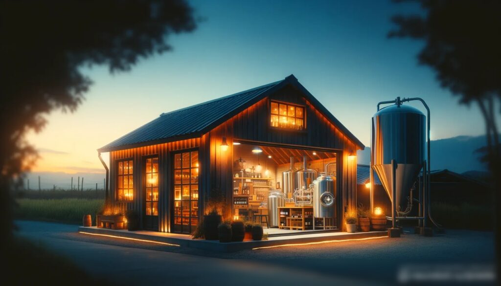 Закат на маленькой пивоварне, с теплыми светящимися огнями внутри и видом на современное оборудование через окна - Пример 2