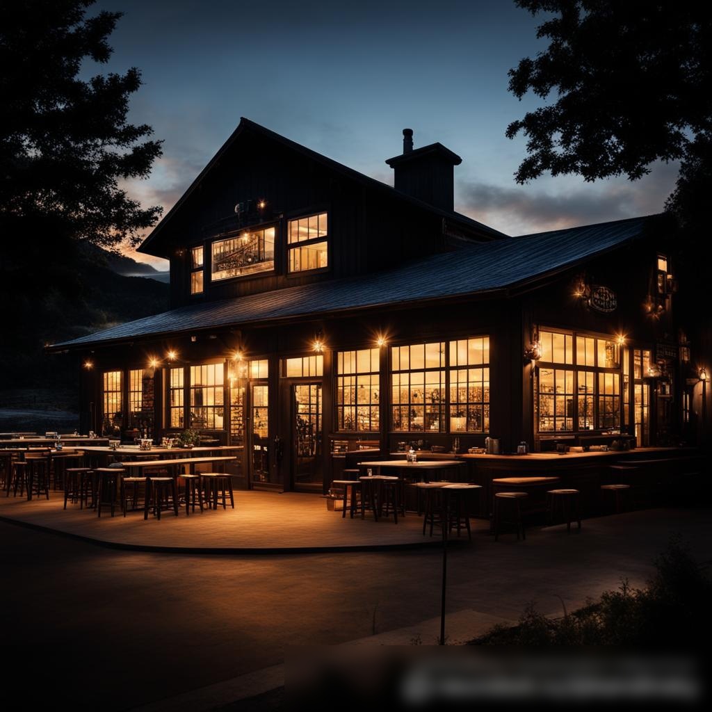 Закат на маленькой пивоварне, с теплыми светящимися огнями внутри и видом на современное оборудование через окна - Пример 3