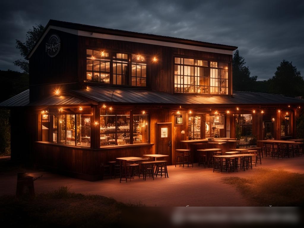 Закат на маленькой пивоварне, с теплыми светящимися огнями внутри и видом на современное оборудование через окна - Пример 4