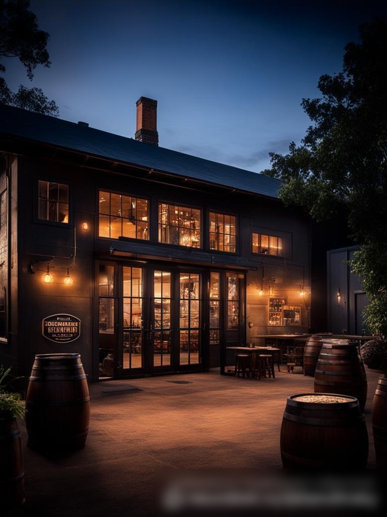 Закат на маленькой пивоварне, с теплыми светящимися огнями внутри и видом на современное оборудование через окна - Пример 5