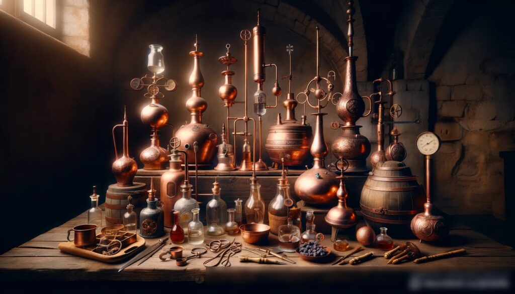 Художественное изображение различного оборудования для изготовления самогона, расположенного на старом деревянном столе - Пример 2