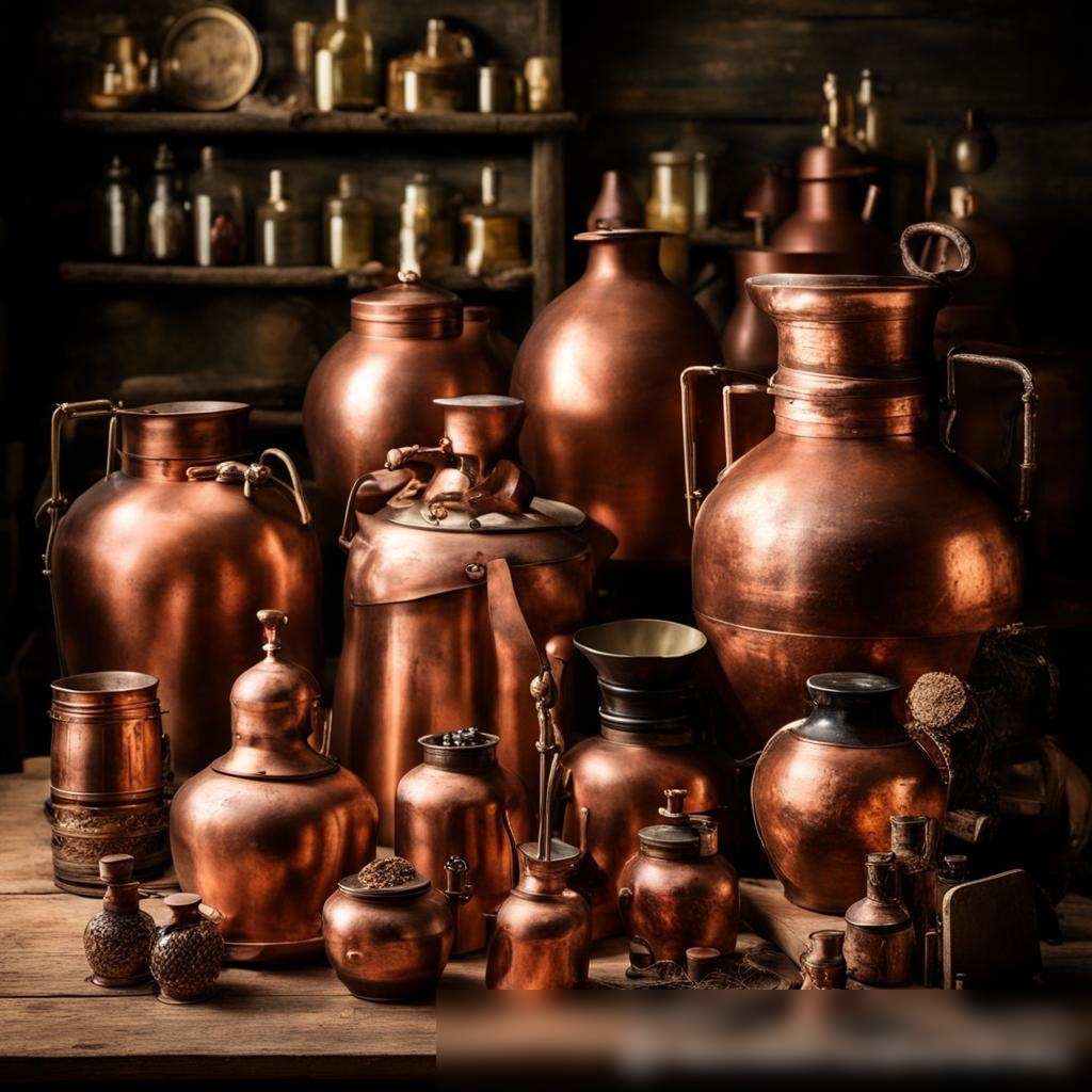 Художественное изображение различного оборудования для изготовления самогона, расположенного на старом деревянном столе - Пример 3