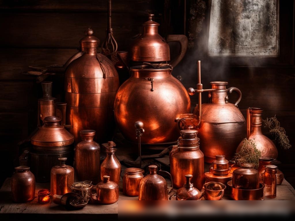 Художественное изображение различного оборудования для изготовления самогона, расположенного на старом деревянном столе - Пример 4