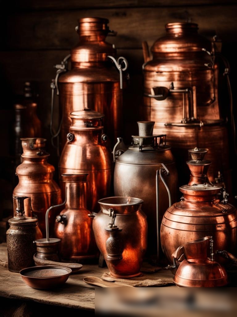 Художественное изображение различного оборудования для изготовления самогона, расположенного на старом деревянном столе - Пример 5