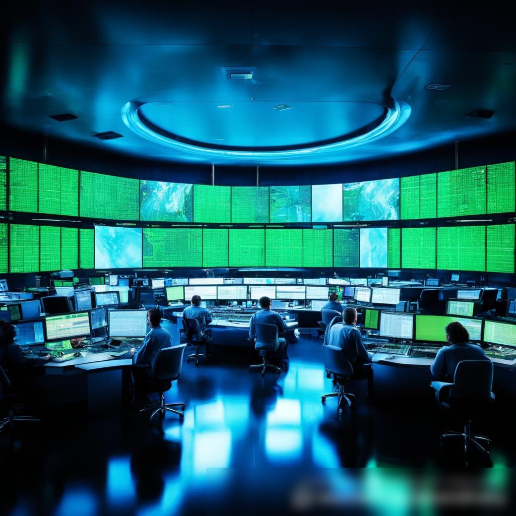 Современный контрольный центр управления энергией с большими экранами, отображающими статус сети, операторы работают на высокотехнологичных консолях - Пример 3