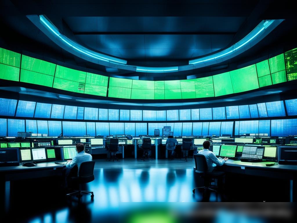 Современный контрольный центр управления энергией с большими экранами, отображающими статус сети, операторы работают на высокотехнологичных консолях - Пример 4