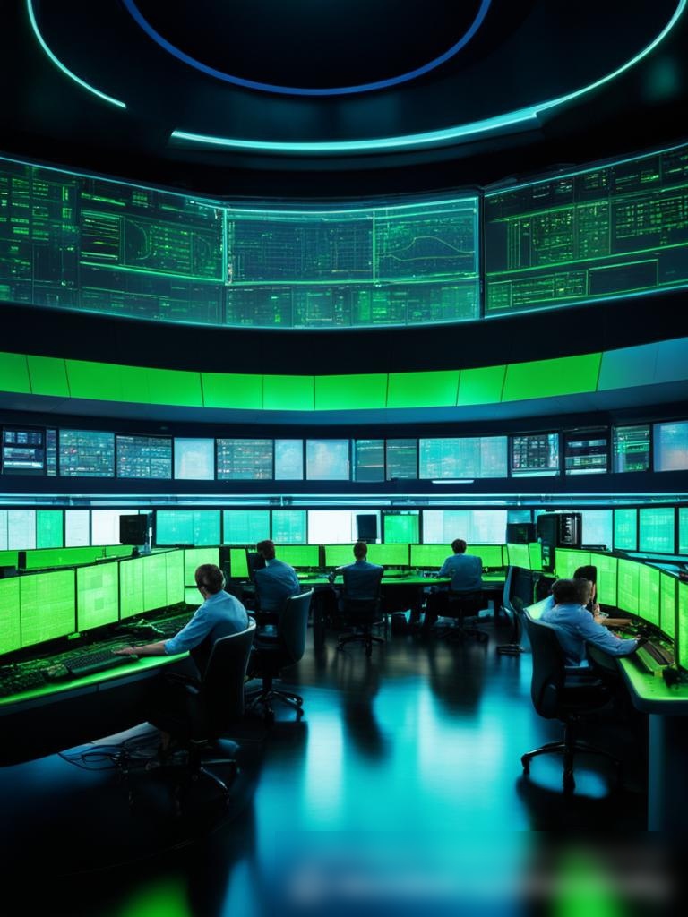 Современный контрольный центр управления энергией с большими экранами, отображающими статус сети, операторы работают на высокотехнологичных консолях - Пример 5