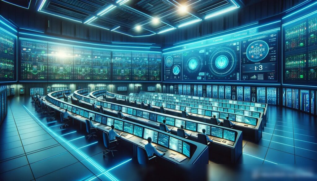 Современный контрольный центр управления энергией с большими экранами, отображающими статус сети, операторы работают на высокотехнологичных консолях - Пример 1