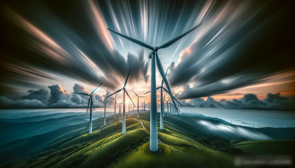 Ветряная ферма с высокими ветряными турбинами на фоне драматического неба с движущимися облаками - Пример 2