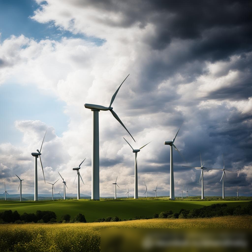 Ветряная ферма с высокими ветряными турбинами на фоне драматического неба с движущимися облаками - Пример 3
