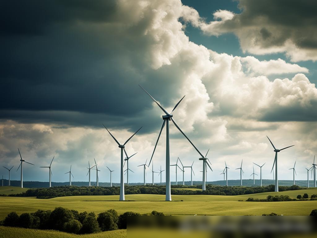 Ветряная ферма с высокими ветряными турбинами на фоне драматического неба с движущимися облаками - Пример 4
