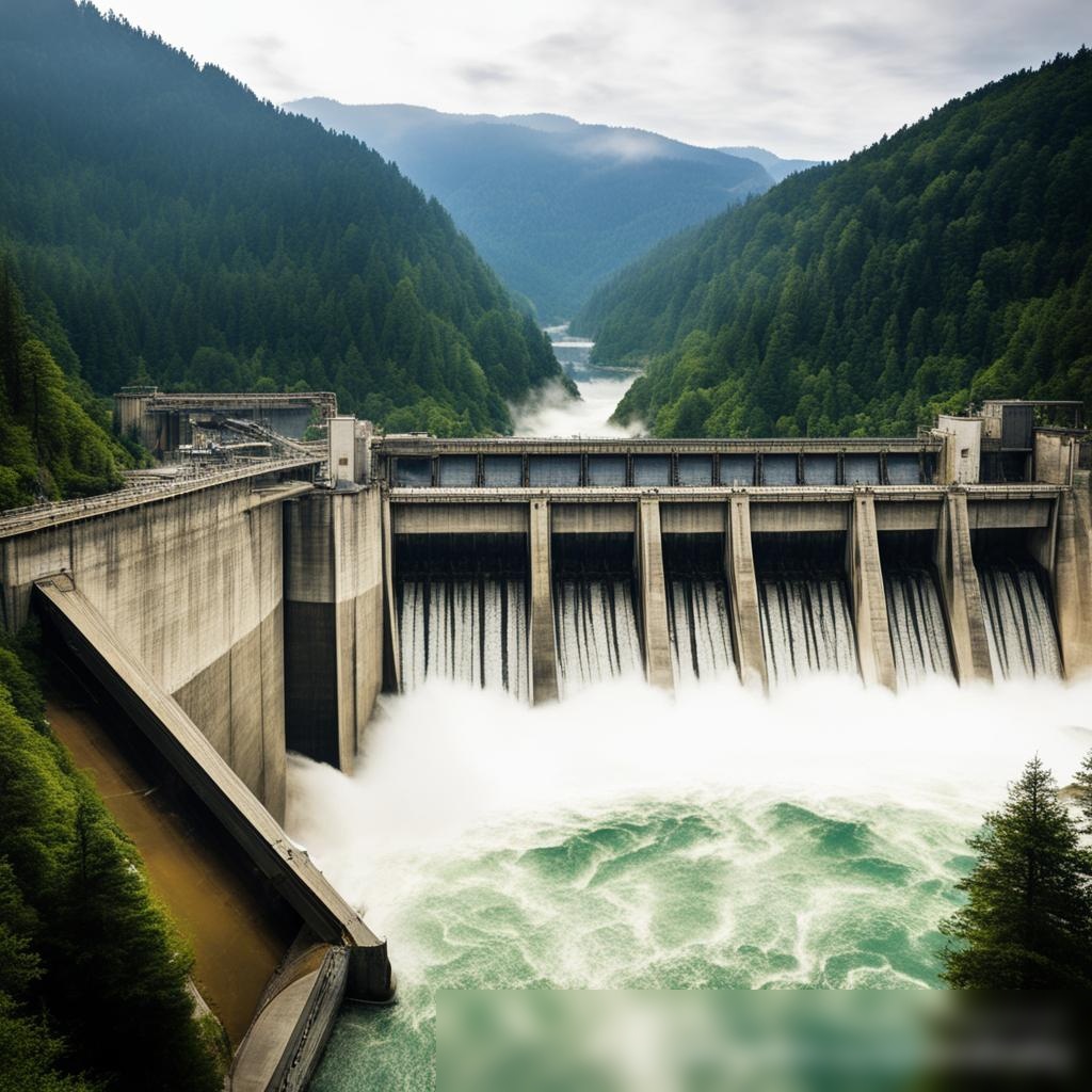 Промышленная сцена, показывающая гидроэлектростанцию с текучей водой, расположенную в горной и лесистой местности - Пример 3