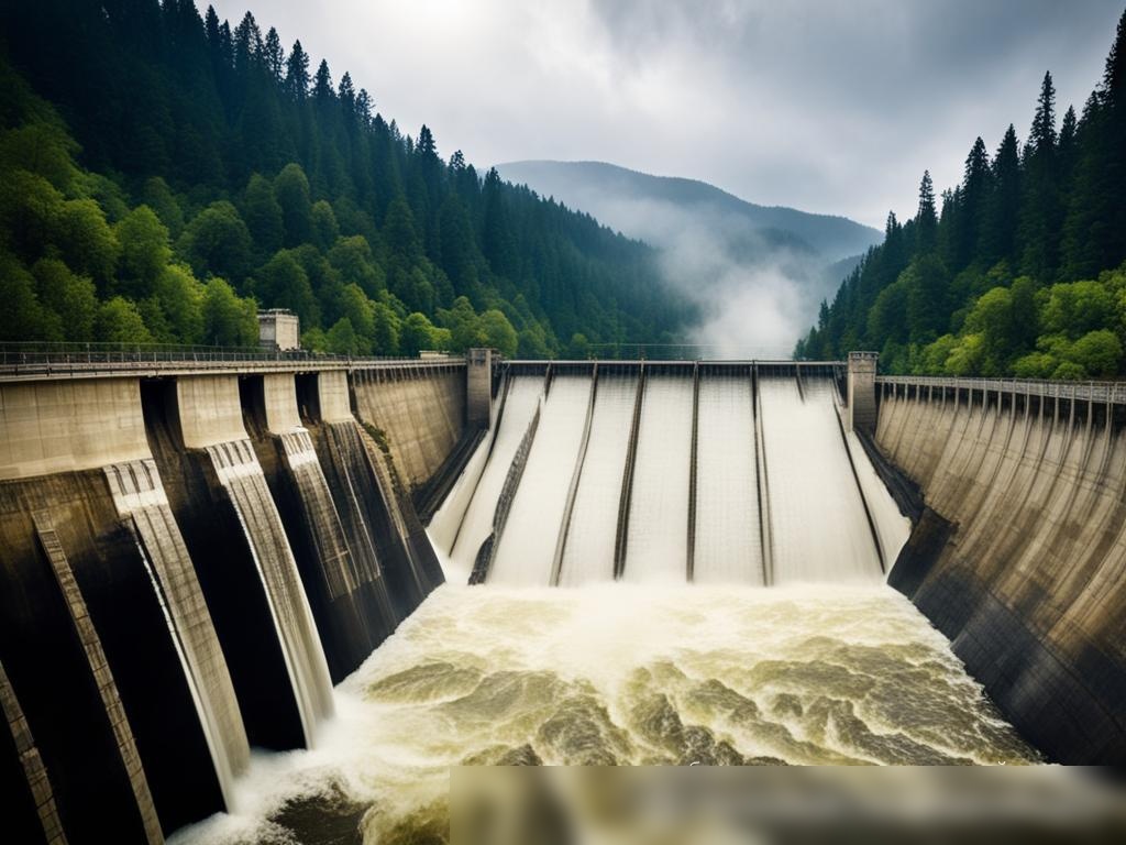 Промышленная сцена, показывающая гидроэлектростанцию с текучей водой, расположенную в горной и лесистой местности - Пример 4