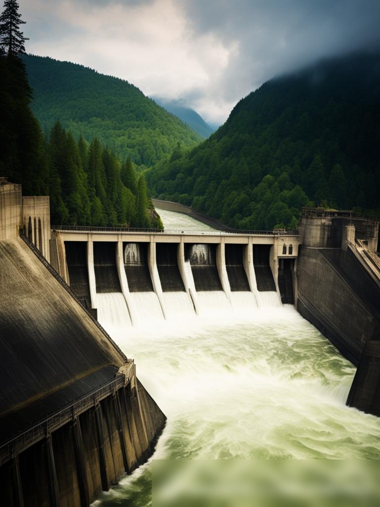 Промышленная сцена, показывающая гидроэлектростанцию с текучей водой, расположенную в горной и лесистой местности - Пример 5