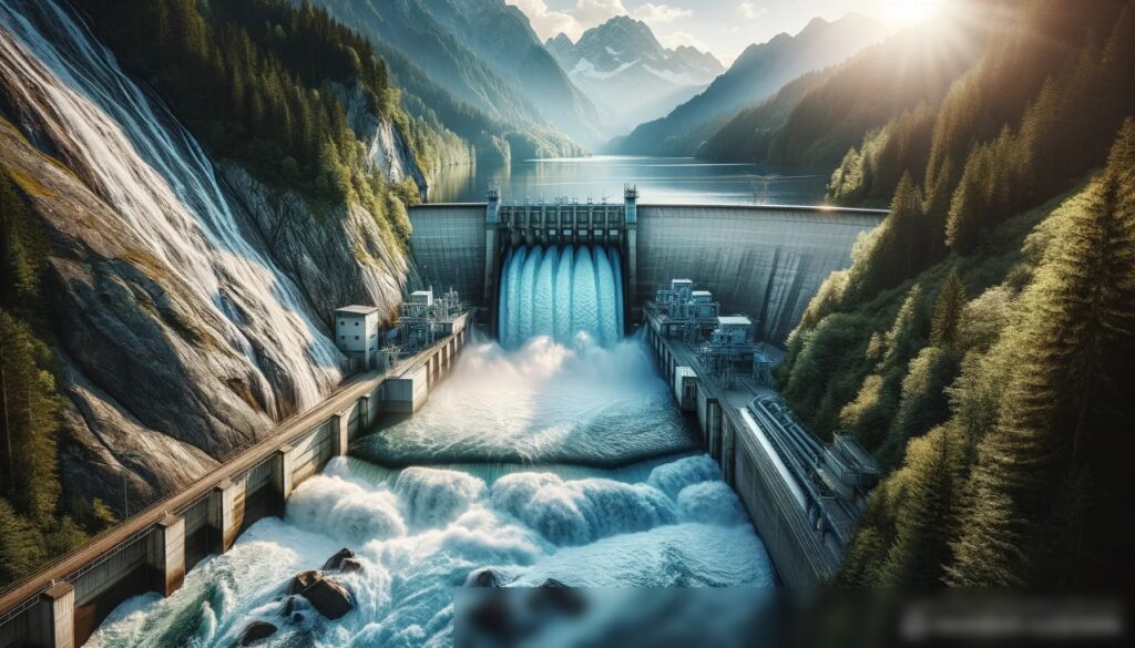 Промышленная сцена, показывающая гидроэлектростанцию с текучей водой, расположенную в горной и лесистой местности - Пример 1