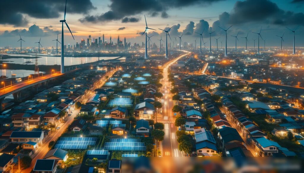 Воздушный вид города на рассвете, демонстрирующий различные решения по экономии энергии: солнечные панели на крышах, ветряные турбины на заднем плане и светодиодное уличное освещение - Пример 2
