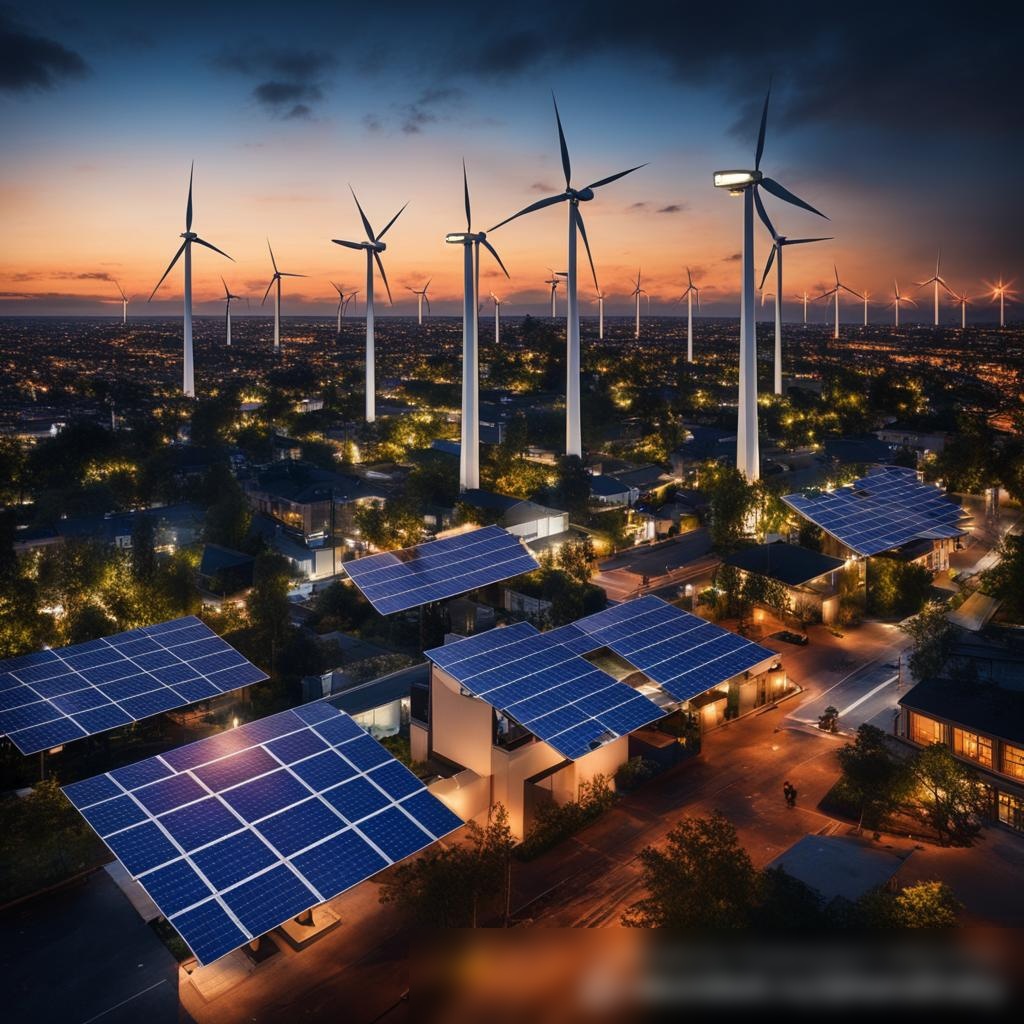 Воздушный вид города на рассвете, демонстрирующий различные решения по экономии энергии: солнечные панели на крышах, ветряные турбины на заднем плане и светодиодное уличное освещение - Пример 3