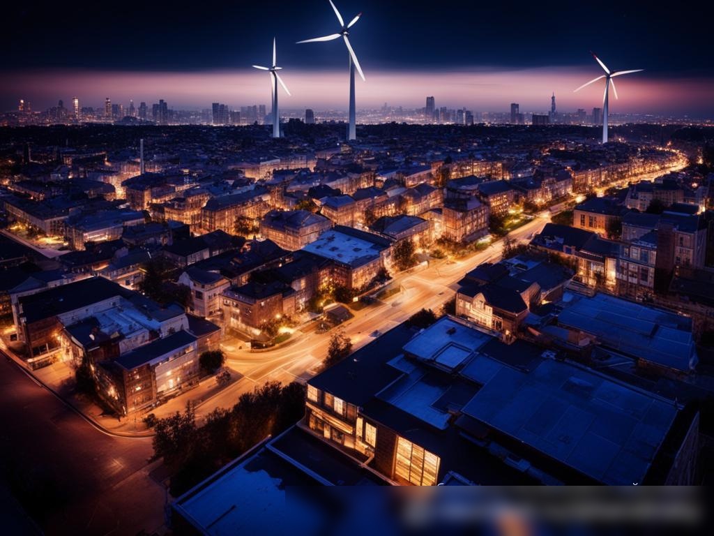 Воздушный вид города на рассвете, демонстрирующий различные решения по экономии энергии: солнечные панели на крышах, ветряные турбины на заднем плане и светодиодное уличное освещение - Пример 4