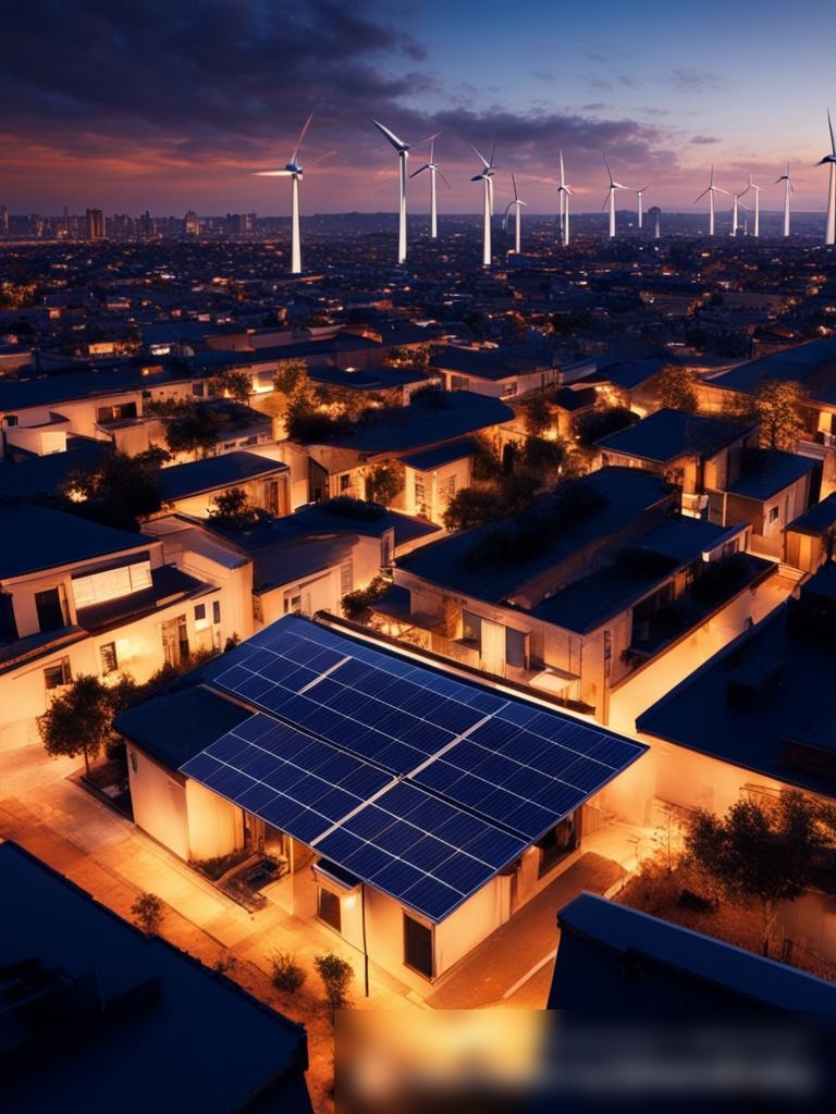 Воздушный вид города на рассвете, демонстрирующий различные решения по экономии энергии: солнечные панели на крышах, ветряные турбины на заднем плане и светодиодное уличное освещение - Пример 5